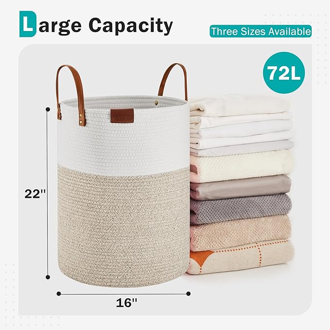 Cotton Rope Laundry Hamper by YOUDENOVA, 72L - Woven Collapsible Laundry Basket - Clothes Storage Basket for Blankets, Laundry Room Organizing, Bedroom Storage, Clothes Hamper – White & Brown