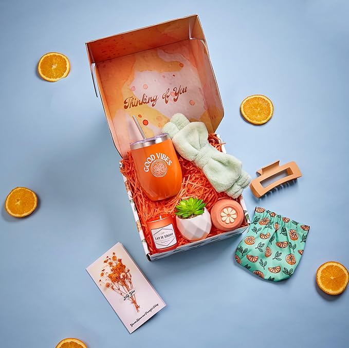 Sunny&Wise Orange Themed Gift Baskets for Women - Designed in USA - Care Package, Self Care Gifts, Get Well Soon, Thinking of You