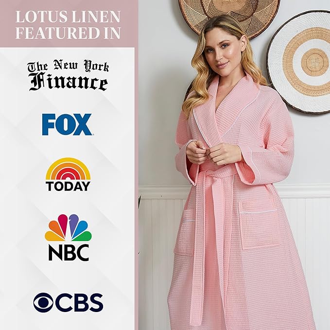 Lotus Linen Waffle Robes for Women - Lightweight Cotton Kimono Bathrobe - Long Soft Spa Bath Robe