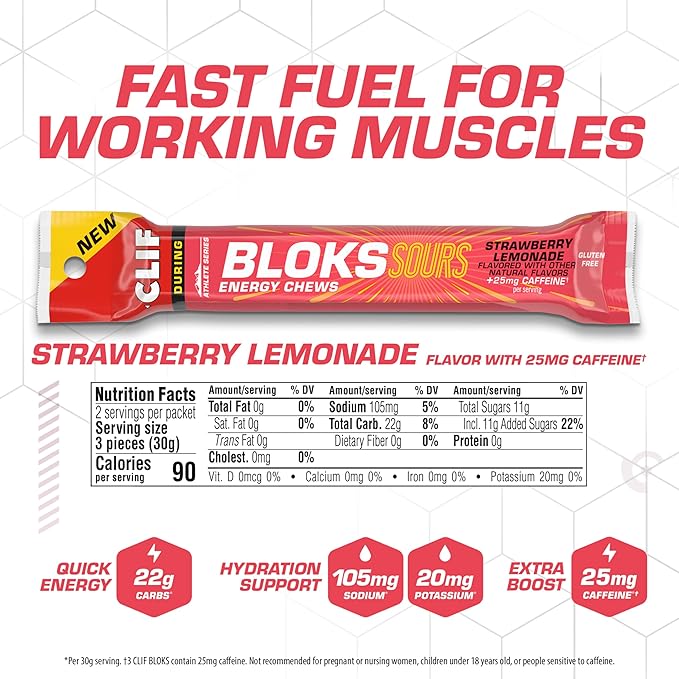 Clif Bloks Sours - Strawberry Lemonade Flavor with Caffeine - Energy Chews - Non-GMO - Plant Based - Fast Fuel for Cycling and Running - Quick Carbohydrates and Electrolytes - 2.12 oz. (18 Count)