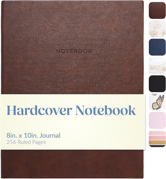 Eccolo Large Lined Journal Notebook, Flexible Cover, Writing Journal, 256 Ruled Ivory Pages, Ribbon Bookmark, Lay Flat, Desk Size for Work or School, Size 8X10, Brown Leatherette