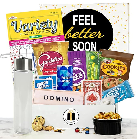 Feel Better Care Package and Get WEll Soon Gift Basket with Puzzle Book, Games, Snack Mix, Cookies, Hydration & Comfort Essentials for Recovery (Vibrant Splash: Feel Better Soon)