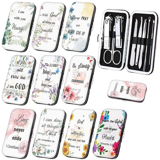 Lanties10 Sets Christian Gifts for Women Bulk Church Bible Manicure Sets Floral Scripture Stainless Steel Nail Clipper Set Religious Gift Personal Pedicure Kit for Employee Teacher Staff Women