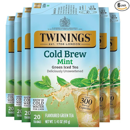 Twinings Mint Green Cold Brew Iced Tea Bags, 20 Count (Pack of 6), Unsweetened Flavoured Green Tea, Caffeinated, 120 Teabags