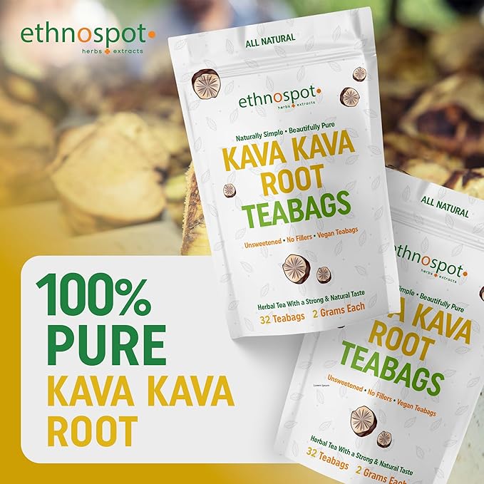 Kava Kava Root Teabags - Kava Kava Tea Pure - 100% Natural Herbal Tea for Stress Support Relaxation Improves Mood and Nervous System - Feel Happy Tea - 2 Gram Teabags - 32 Vegan Teabags