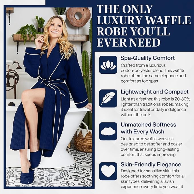 Lotus Linen Waffle Robes for Women - Lightweight Cotton Kimono Bathrobe - Long Soft Spa Bath Robe