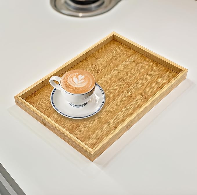 Bam & Boo Natural Bamboo Serving Tray Modern Rectangular (Bamboo, 15.75” x 11" x 1.2") for Food, Drinks, Decor, Vanity in Home, Kitchen, Bathroom, Coffee Table, Bed