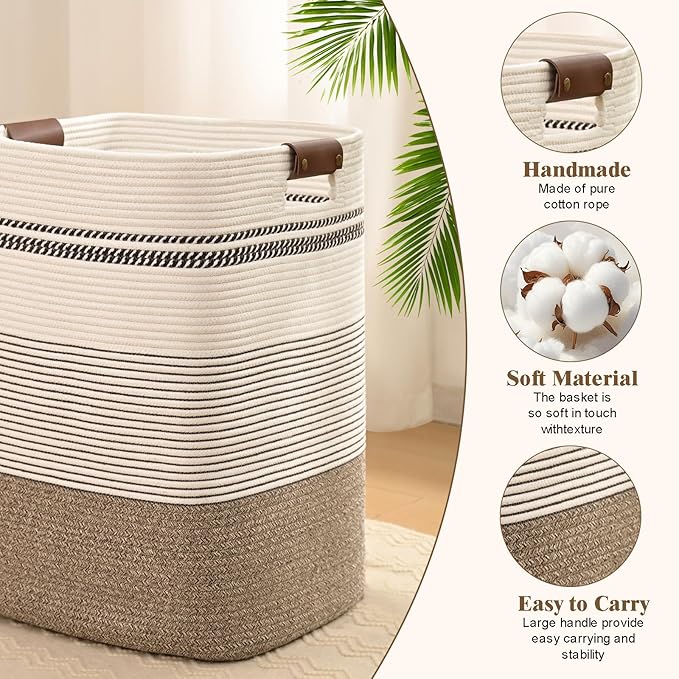 Laundry Hamper, 95L Tall Laundry Basket with Leather Handles, Rectangle Large Clothes Hamper for Organizing, Cotton Woven Laundry Baskets Storage Hampers for Bedroom, Nursery, Living Room