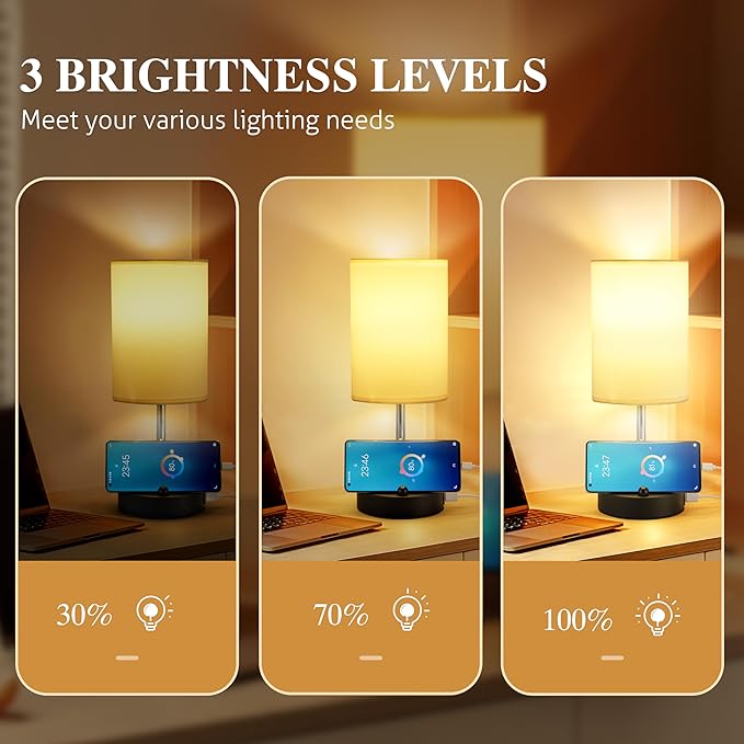 Briever Touch Control Table Lamp for Bedroom, 3-Way Dimmable Nightstand Lamp with USB USB A+C Charging Ports, Bedside Desk Lamp with Phone Stand & Linen Fabric Shade for Livingroom, Bulb Included