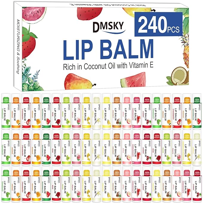 DMSKY 240 Pack Lip Balm, Natural Lip Balm Bulk with Vitamin E and Coconut Oil, Moisturizing Lip Balms for Chapped Lips, Bulk Lip Balms for Women-15 Flavors