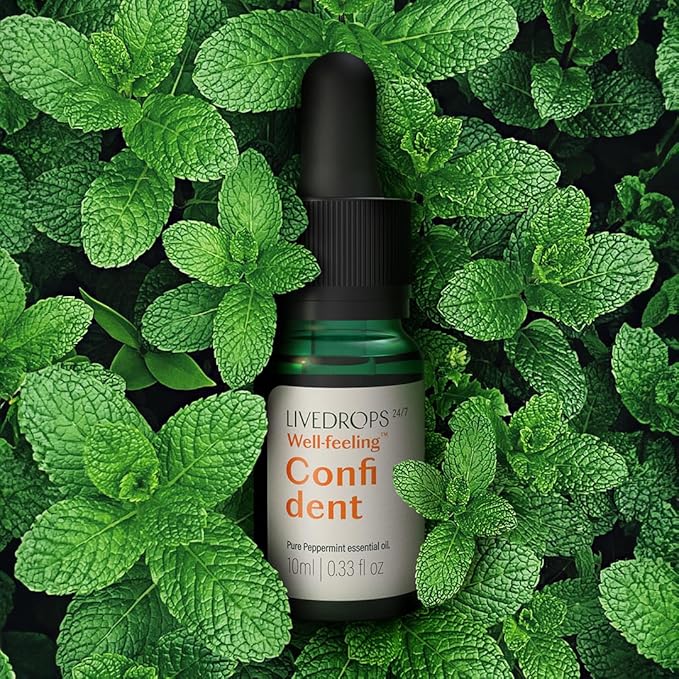 LIVEDROPS 24/7 Confident Peppermint Essential Oil, Natural Vegan Aromatherapy for Diffuser or Diluted Skin Use, Cooling Mint Scent, Steam Distilled Made in USA, Clinically Tested, 10ml