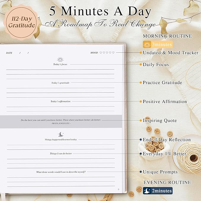 Lanpn Daily Gratitude Journal for Woman Men, 4 Month Affirmation & Mindfulness Planner, 7.8"x9.2" The 5 Minute Grateful Diary, Guided Reflection with Positivity Prompts Undated Notebook, Sage Green