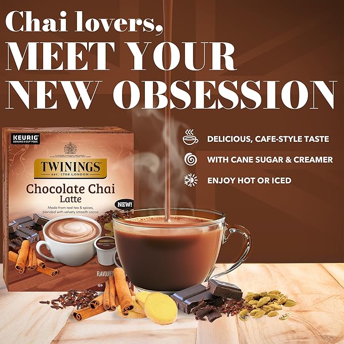 NEW Twinings Chocolate Chai Latte Tea K-Cup Pods for Keurig, 22 Count (Pack of 1), Velvety Smooth Cocoa with Real Spiced Tea, Caffeinated, Enjoy Hot or Iced