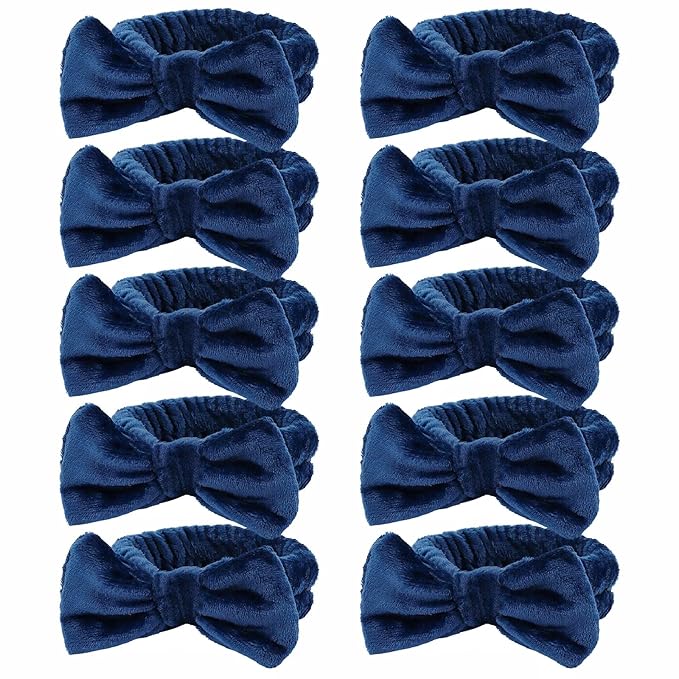 10 Pack Spa Headband for Washing Face Navy Blue Skincare Headbands Bulk for Women Girls Soft Coral Fleece Hairband Cute Bow Headbands for Washing Face Makeup
