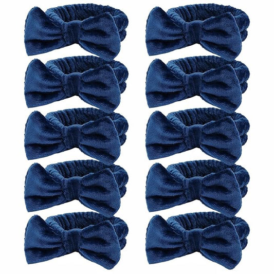 10 Pack Spa Headband for Washing Face Navy Blue Skincare Headbands Bulk for Women Girls Soft Coral Fleece Hairband Cute Bow Headbands for Washing Face Makeup