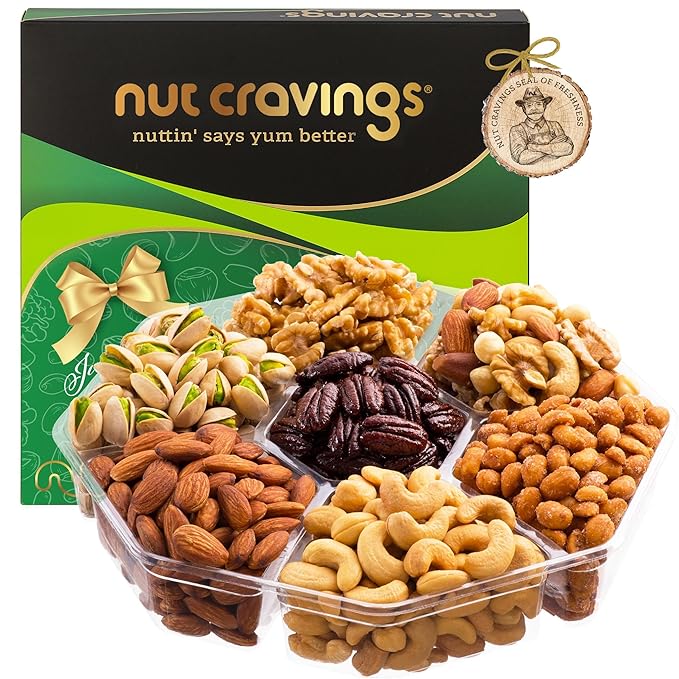 NUT CRAVINGS - Diwali Sweets Hamper Mixed Nuts Gift Basket in Green Gold Box (7 Assortments, 2 LB) Food Arrangement, Healthy Snack Care Package, Food Assortments