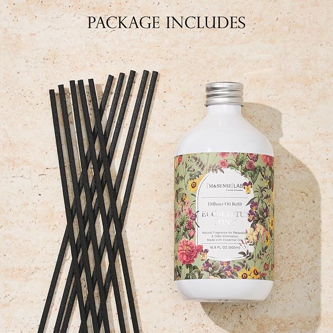 M&SENSE Reed Diffuser Oil Refill, 16.9oz (500ml) with 10 Hollow Reed Sticks, Eucalyptus Mint Scent Home Fragrance, Scented Oil Refills, Natural Essential Oils for Diffusers, Décor for Home Spa Office