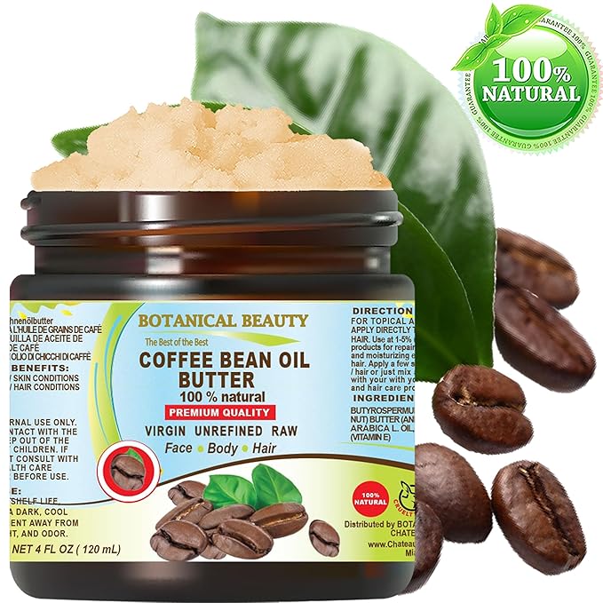 Botanical Beauty COFFEE BEAN OIL BUTTER 100% Natural VIRGIN RAW UNREFINED 4 Fl.oz.- 120 ml. Coffee Bean Essential Oil in Shea Nut Butter for FACE, SKIN, BODY, HAIR, NAILS.