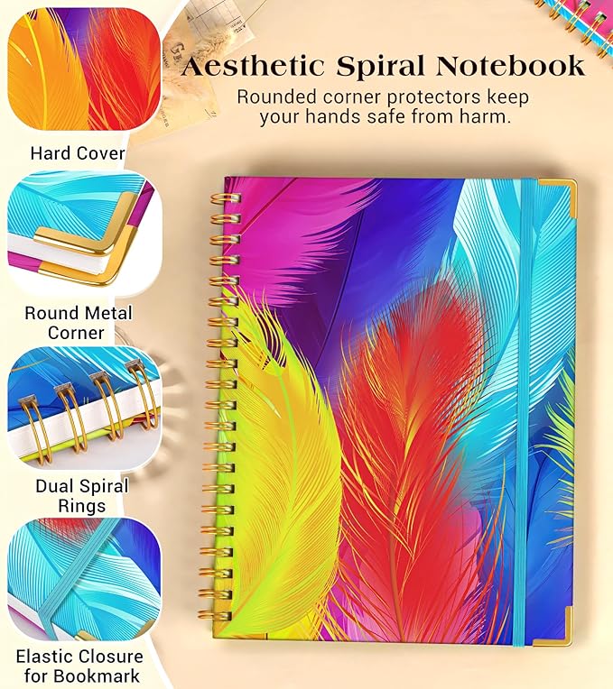 Lined Spiral Notebook Journal for Women, 200 Pages Cute Notebooks 8.5” x 11”, A4 Large Hardcover Spiral Journals with 100 GSM Thick Paper, College Ruled Notebook for Writing Work School, Colorful Feather