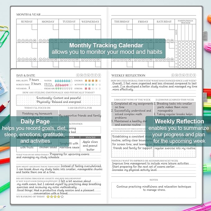 Mental Health & Anxiety Journal, 91 Days Mood Tracker Journal for Mindfulness, Self Care & Stress Relief, Guided CBT Journal with Mental Health Coloring Book Pages & Dream Diary to Record, Wellness Gifts for Women Men