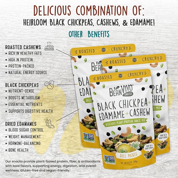 BeanVIVO Healthy Snacks for Adults & Kids with 7g Protein & 4g Fiber per Serving with Dried Edamame, Roasted Cashew and Chickpeas - Vegan & Gluten Free - Keto Friendly & Non-GMO - 3-Pack (4.5 oz Each Pouch)