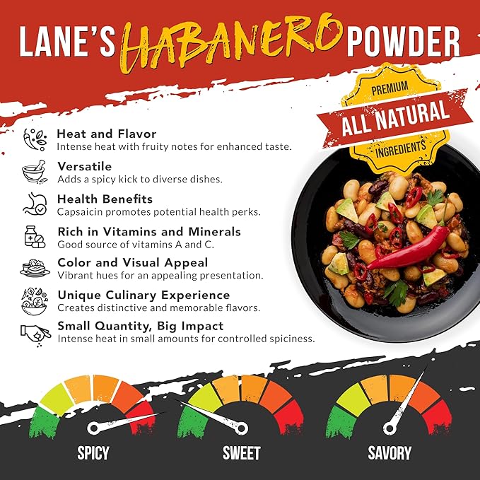 Lane's Habanero Powder Seasoning, All-Natural Habanero Pepper Powder Blend with Chili de Arbil & Black Pepper, Hot & Spicy, Gluten-Free, Made in USA, 7.5 Oz