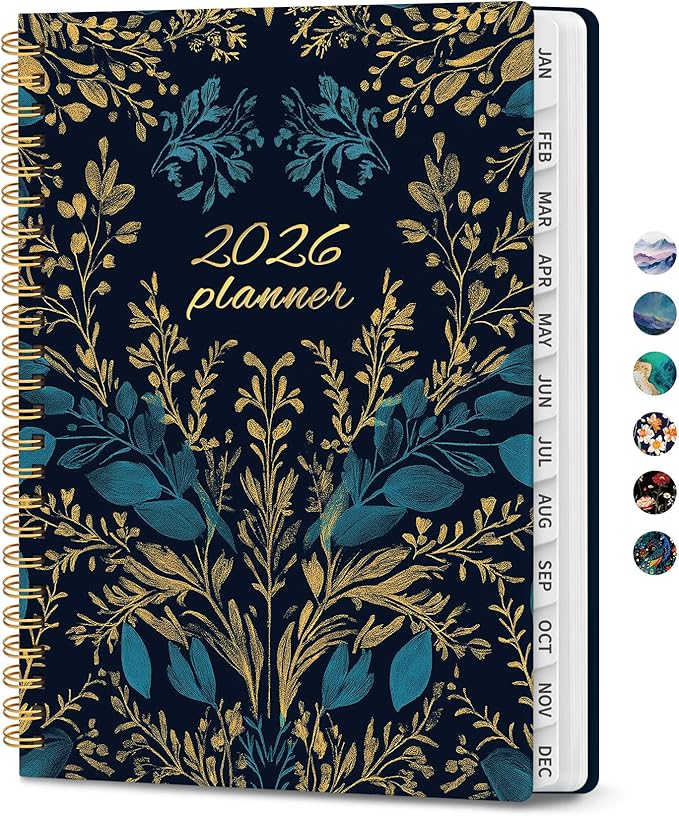 2026 Planner, Monthly and Weekly Calendar Planner for Women, January 2026 - December 2026, Hardcover Pretty 2026 Agenda Planner Book with Tabs, Spiral Bound, Perfect for School Office Home Supplies, 6.3" x 8.5" - Golden Elegance