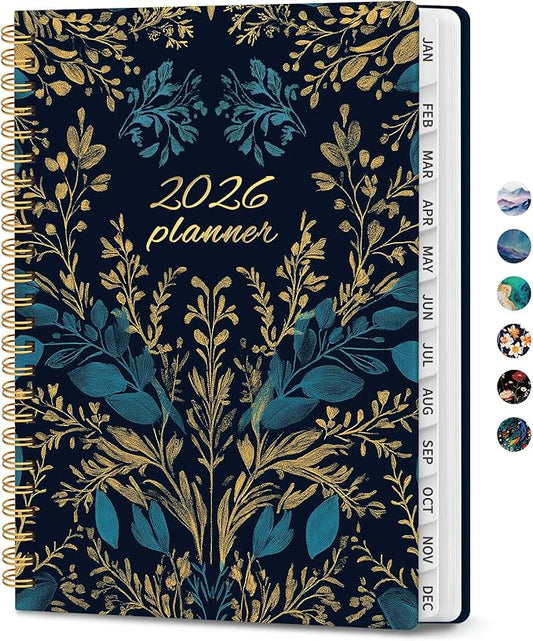 2026 Planner, Monthly and Weekly Calendar Planner for Women, January 2026 - December 2026, Hardcover Pretty 2026 Agenda Planner Book with Tabs, Spiral Bound, Perfect for School Office Home Supplies, 6.3" x 8.5" - Golden Elegance
