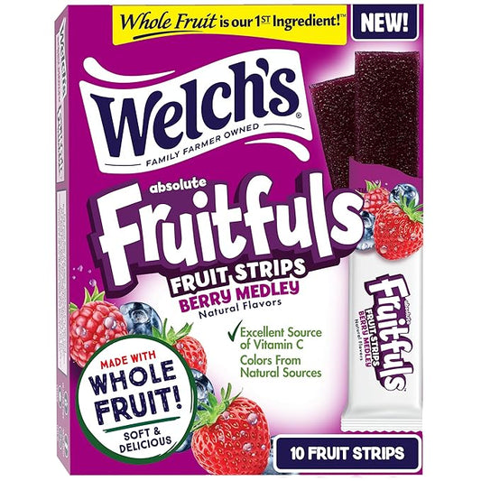 Welch’s Absolute Fruitfuls Fruit Strips, Tasty Dried Fruit Snacks for School Lunches, Berry Medley, 0.5oz (Pack of 10)