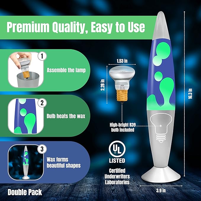 JAMBO 2 Pack- 16" Beautiful Lamp- Blue with Yellow/Green Wax and Purple with Yellow Wax, Relaxing Liquid Lamp, Night Light Nightlight, Lamps for Adults Teens Kid