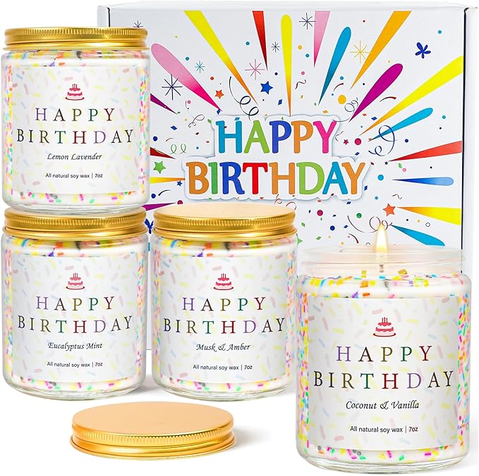 Happy Birthday Candles Set, 4 Pack Birthday Candle Gifts for Women, Unique Best Friend Birthday Gifts Ideas for Her and Him, Natural Soy Candle Scent of Vanilla Coconut/Lavender/Eucalyptus Mint - 7oz