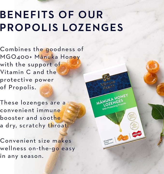 Manuka Health Manuka Honey Lozenges – 15 Propolis Lozenges – Natural Throat Lozenges Infused with Raw Manuka Honey, New Zealand Propolis and Vitamin C for Immune Support