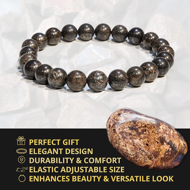 Bronzite Bracelet, Natural Healing Crystal Bracelet for Women and Men, 8mm Round Beaded Bracelet for Spiritual Healing, Protection, Positive Energy, Elastic Adjustable Size Gemstone Bead Bracelet
