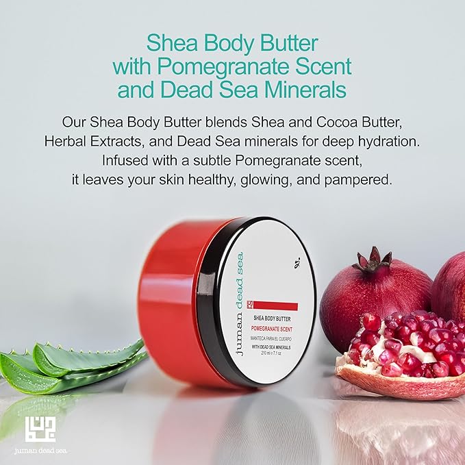 JUMAN Dead Sea Minerals Body Butter with Vitamin E | Made with Active Natural Ingredients | Nourishing Blend of Cocoa Butter | Pomegranate Scented Shea Butter | 7.1oz