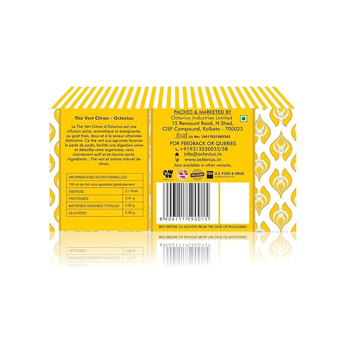 Octavius Lemon Green Tea Bags | Strong Indian CTC Tea | Rich & Malty Flavor | Premium Green Tea for Morning Energy | English Breakfast Style | 30 Tea Bags Pack