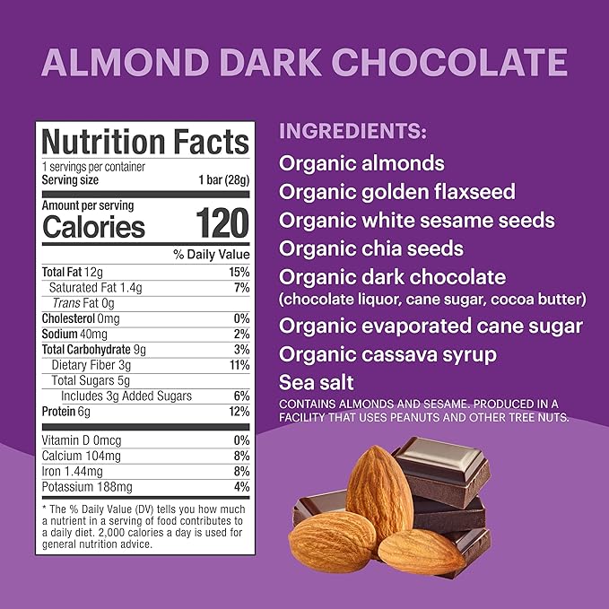 Tosi Dark Chocolate Almond Protein Bars, Plant Based with Nuts, Gluten-Free Crunchy Snacks, Vegan, Organic, Flax & Chia Seeds, Soy-Free, Omega 3s, 6G Protein, 1 oz, 12-Pack