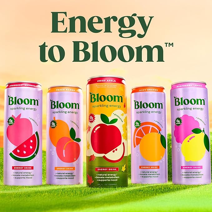 Bloom Nutrition Sparkling Energy Drink - Natural Caffeine, Zero Sugar, 180mg Caffeine - Antioxidant-Rich with Green Coffee Bean, Green Tea Extract, Prebiotics - Crisp Apple - 12oz 12 Pack