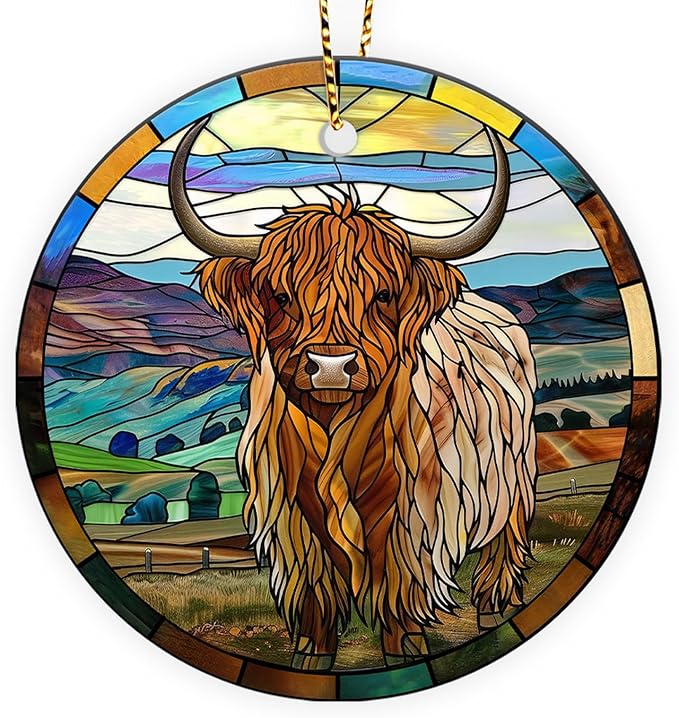 Highland Cow Christmas Ornaments 2025 - Farmhouse Ceramic Tree Decoration, 2-Sided UV Print, for Men Women, Rustic Xmas Decor