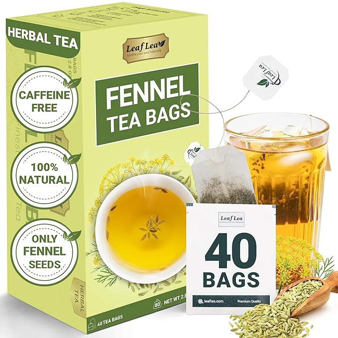 LeafLea 40 Fennel Tea Bags, 100% Natural & Pure Fennel Seed Tea, Gentle Digestion & Fresh Breath, Mild Sweet Finish, Caffeine-Free, Sugar-Free, Vegan, Non-GMO, Individually Wrapped