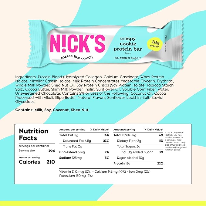 Nick's Protein Bars Crispy Cookie Chocolate, High Protein, Low Calories, Low Carb, Keto Friendly Snacks No Added Sugar (Multipack 12 bars x 50g), Crispy Cookie flavor