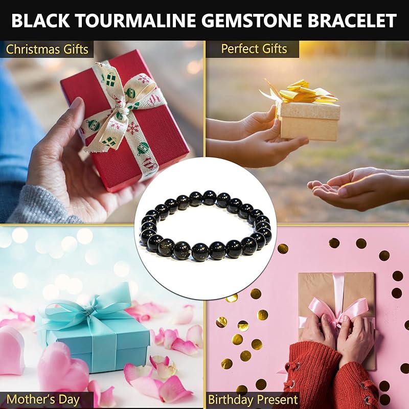 Black Tourmaline Bracelet, Natural Healing Crystal Bracelet for Women and Men, 8mm Round Beaded Bracelet for Spiritual, Protection, Positive Energy, Elastic Adjustable Size Gemstone Bead Bracelet