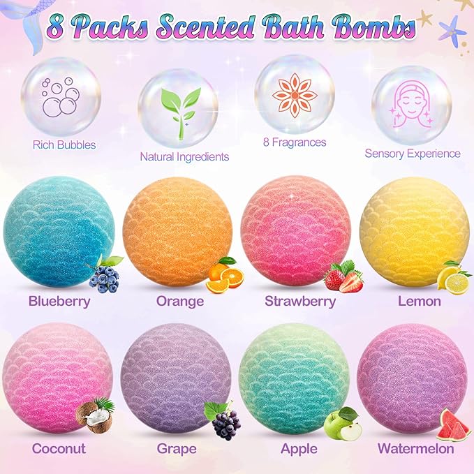 8 Packs Mermaid Bath Bombs for Kids Girls, Bubble Bath Bomb Kit with Surprise Toys Inside, Bath Toys for Kids Aged 4-8, Ideal Birthday Christmas Gifts Stocking Stuffers for Girls 3 4 5 6