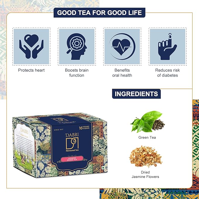 Dabri Jasmine Green Tea Bags | 16 Premium Green Tea Bags with Jasmine Flowers | Natural Antioxidant-Rich for Refreshing Energy & Wellness