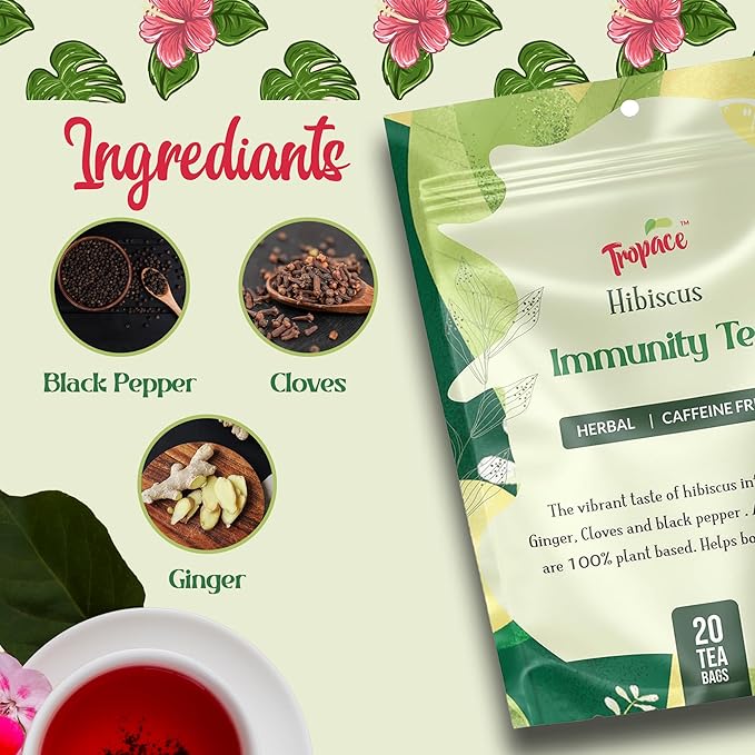Tropace Organic Immunity Hibiscus Herbal Tea – 20 Tea Bags, Infused with Ginger, Cloves & Black Pepper, Caffeine-Free, Rooted in Egypt & Packed in USA, 1.4 oz (40g)