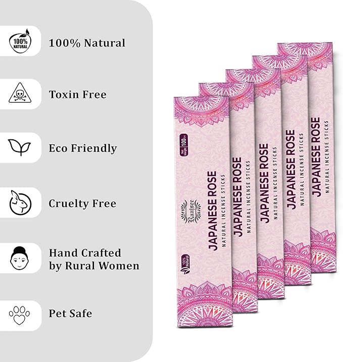 Raajsee Japanese Rose Incense Sticks (180 gm), 100% Pure Organic Natural Hand Rolled Free from Chemicals- Perfect for Aromatherapy, Cleansing, Meditation, and Church (Pack of 12)