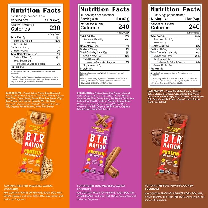B.T.R. Nation Vegan Keto Plant Based Protein & Fiber Bars - High Protein (Sampler Pack) | (9 Pack) | Low Carb & GF, Free of Sugar Alcohols, Dairy, Soy and Boosted with Powerful Superfoods!