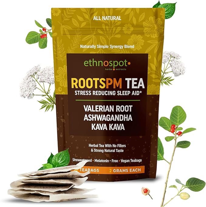 RootsPM Sleep Teabags - Herbal Blend of Valerian Root, Ashwagandha & Kava Kava, Natural Relaxation Tea for Restful Nights, Unsweetened & Vegan, 100% Natural Ingredients - 2 Gram Teabags - 32 Teabags