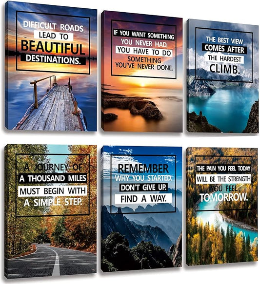 Inspirational Canvas Decoration Painting, landscape Canvas Wall Art，Suitable for Library, School, Gym,Office， Living Room Decor,6-Pack，Tabletop/Hanging(29 x 38cm) Framed