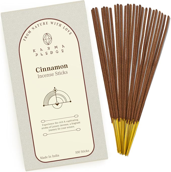 Cinnamon Incense Sticks, Organic Hand Dipped 100 Sticks with Natural Herbs & Aromatic Ingredients, Burn Time 45 to 60 Minutes, Incense for Positivity, Yoga, Meditation, Relaxation, Spiritual Gift