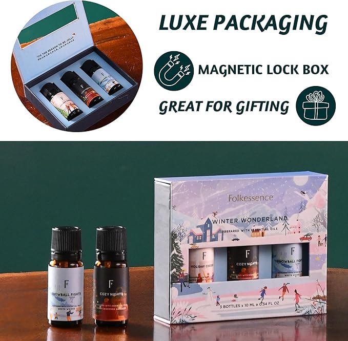 Folkulture Christmas Fragrance Oil | Pack of 3 Christmas Essential Oils Set | Scented for Diffusers for Home | Christmas Gifts | Scents - White Woods, Cashmere, Lavender - (Winter Wonderland)